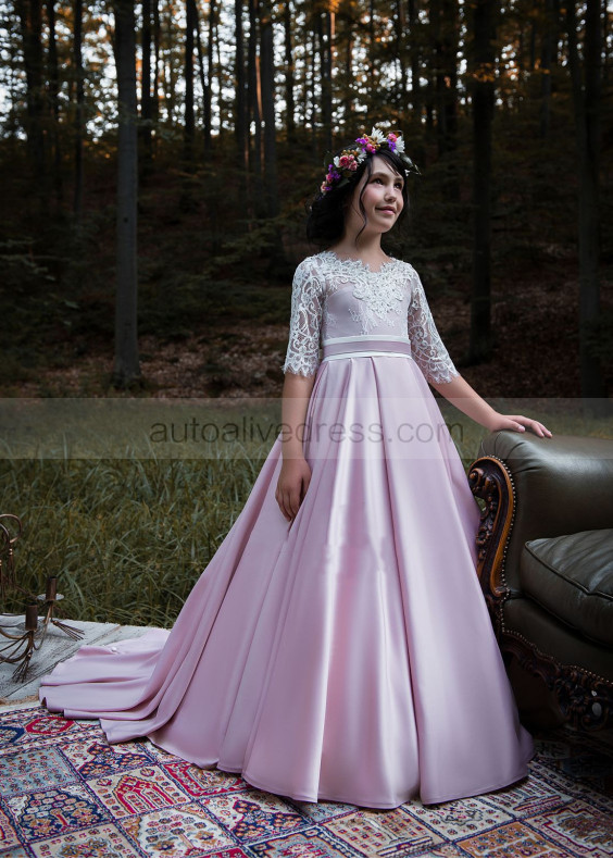 Ivory Eyelash Lace Blush Pink Satin Corset Back Flower Girl Dress